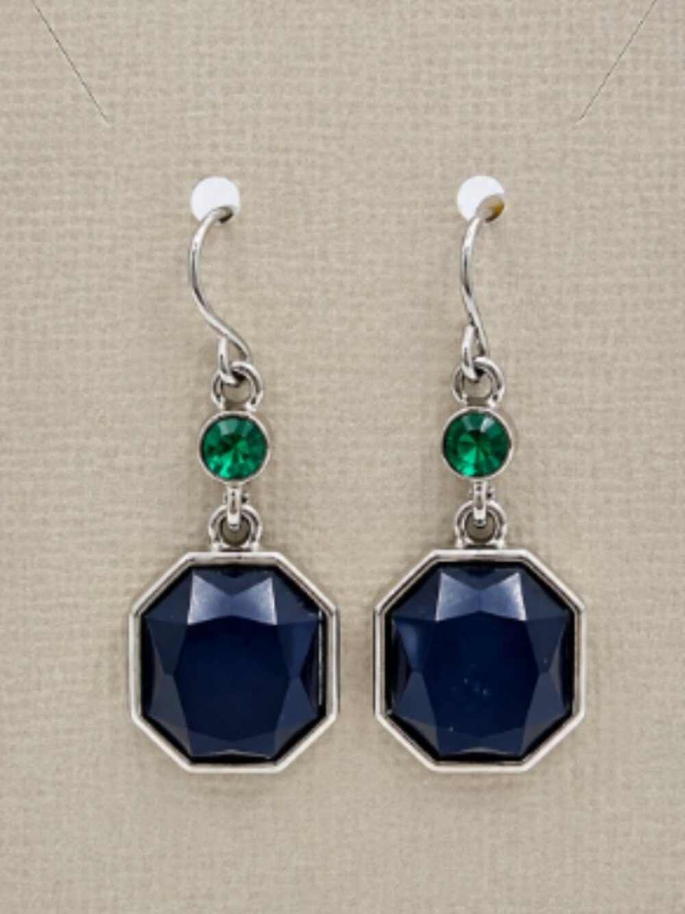 Emerald Green & Navy Blue Crystal Drop Earrings Silver Tone
